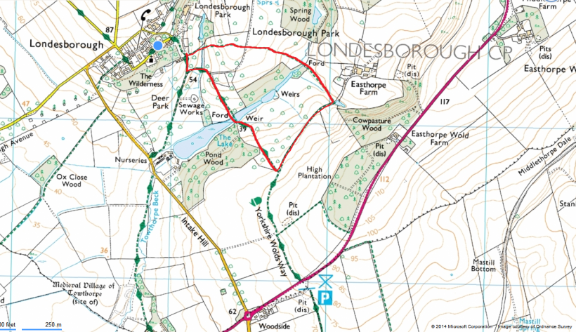 Short walk, marked on map in red